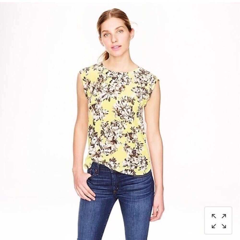 J Crew Sleeveless Drapey Top in Yellow Photo Floral and Eyelet Back Size 2